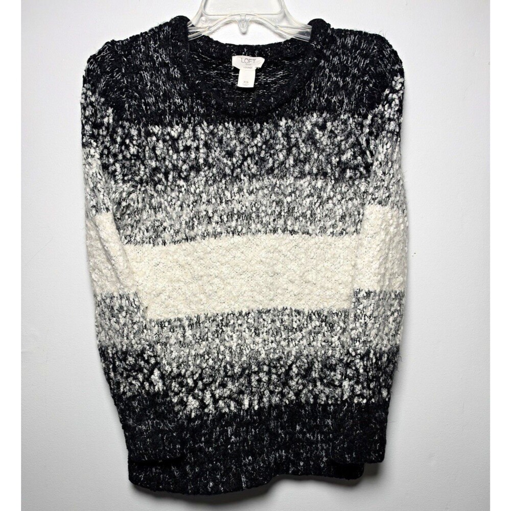 LOFT Women’s XS Black/Gray/White Striped Knit Crew Neck Long Sleeve Pullover